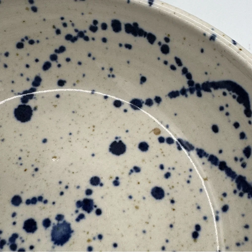 Handcrafted Ceramic Speckled Blue and Gold Dual Double Bowl with Braided Handle